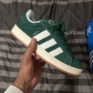 Green and White Adidas Campus Sneakers
